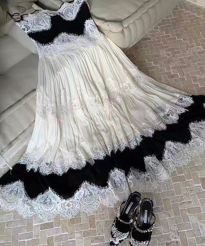 Black & White Lace Tiered Spaghetti Strap Maxi Dress