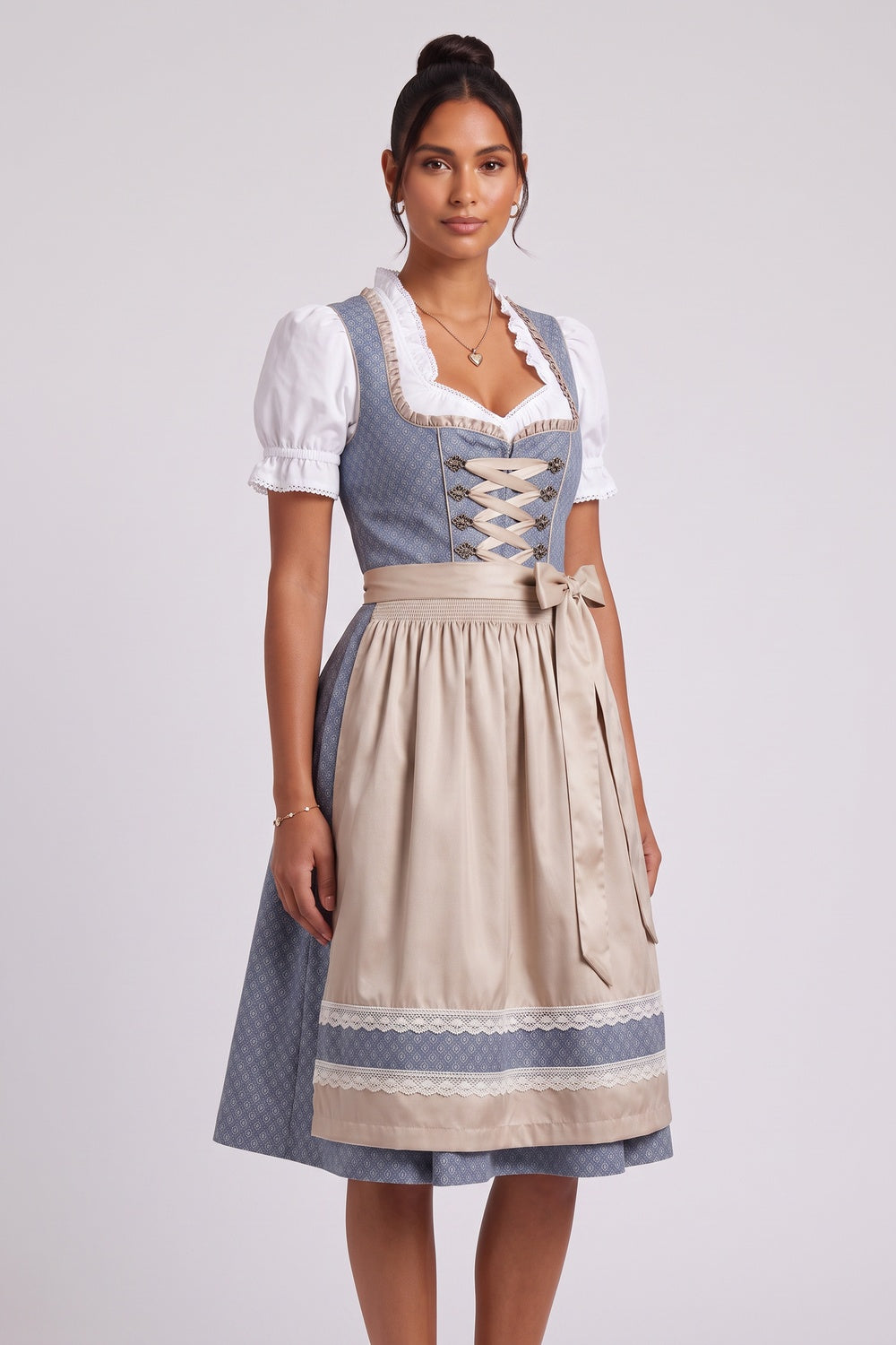 dusty blue woven jacquard fit-and-flare dirndl dress set dusty blue, champagne beige, white woven jacquard dirndl dress set - product view 2