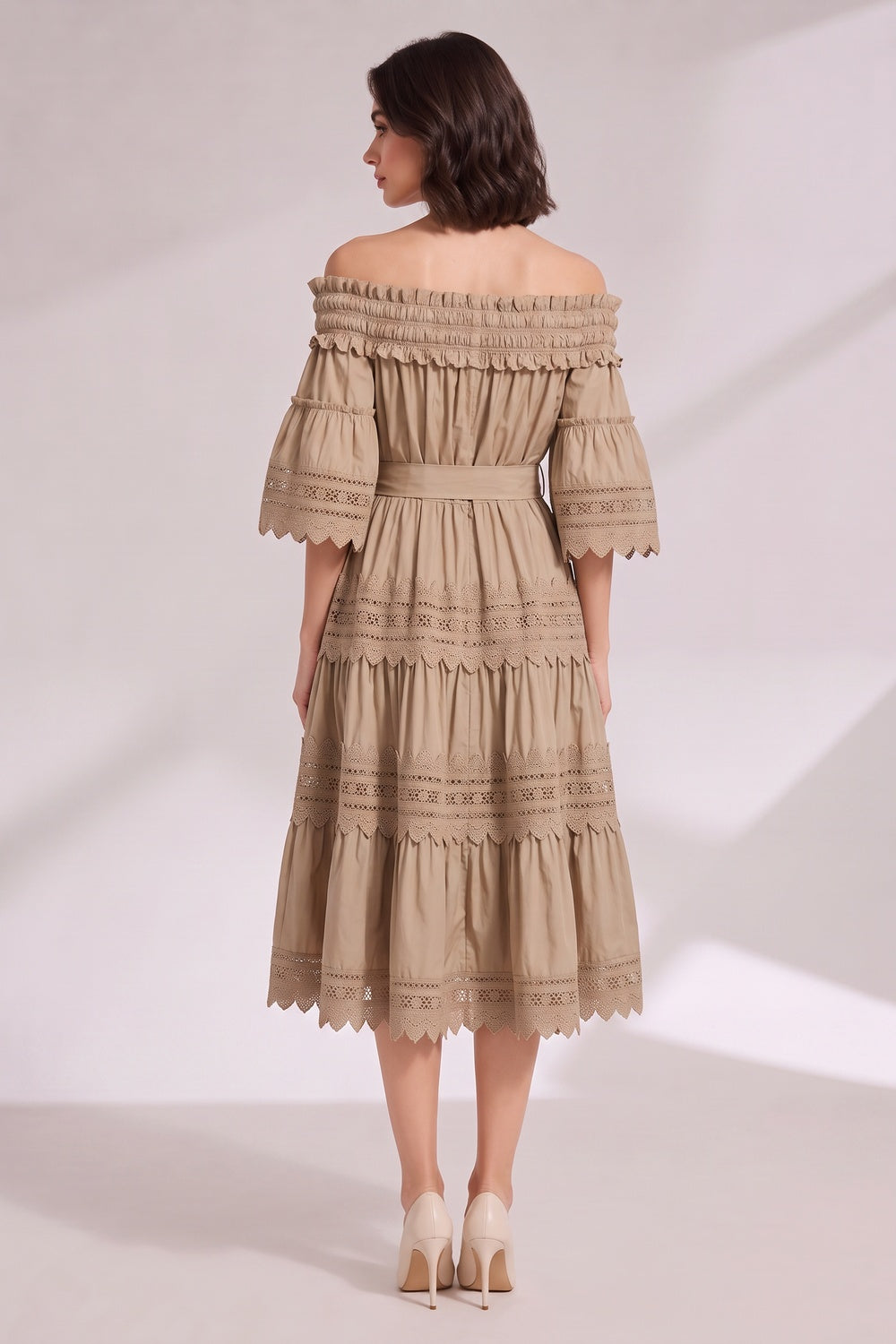Beige Off-The-Shoulder Tiered Midi Dress with Lace Inserts Premium Fabric - product view 2