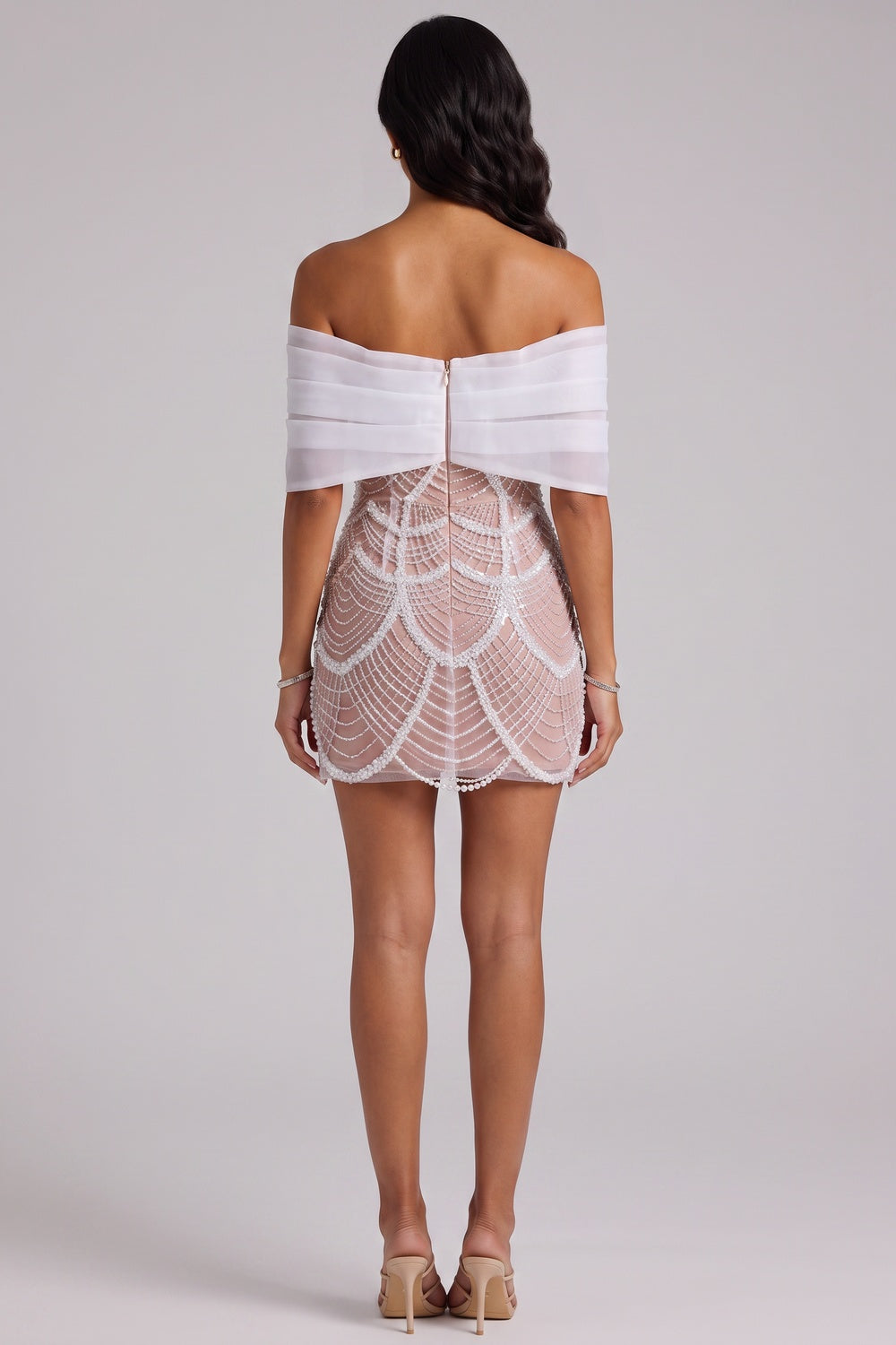 Off Shoulder Organza Pearl Beaded Mini Bodycon Dress