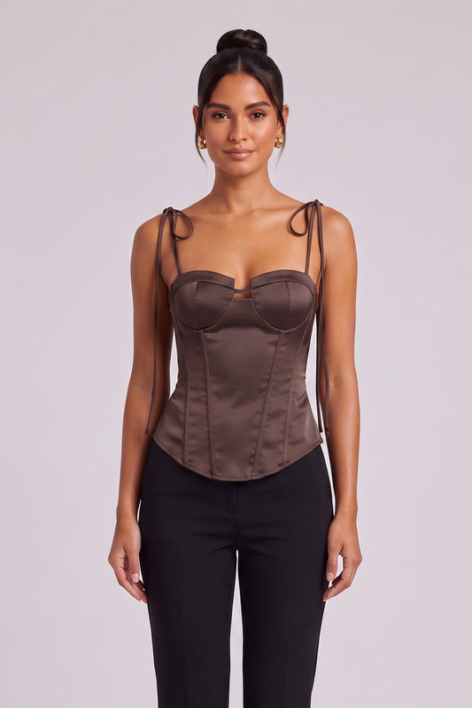 Dark Brown Satin Structured Corset Top dark brown satin corset top - product view 3