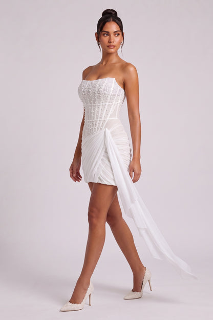 White Structured Crepe Fitted Corset Mini Dress with Draped Wrap Skirt white structured crepe mini dress - product view 3
