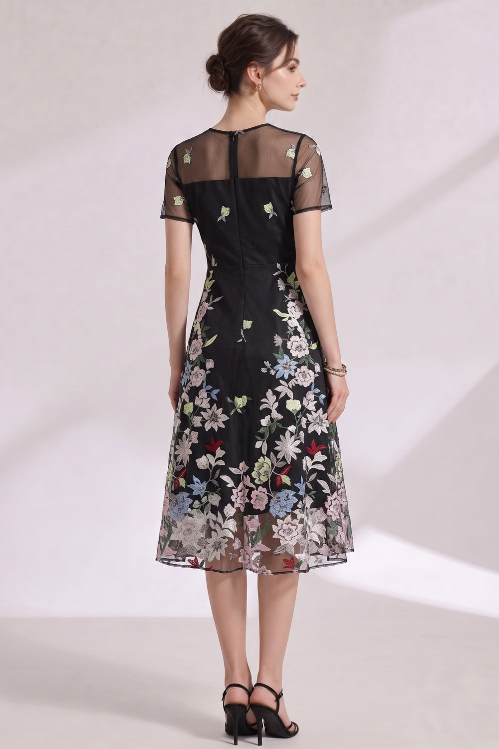 Black Floral Embroidery A-Line Midi Dress with Sheer Mesh Overlay black sheer mesh overlay dress - product view 5