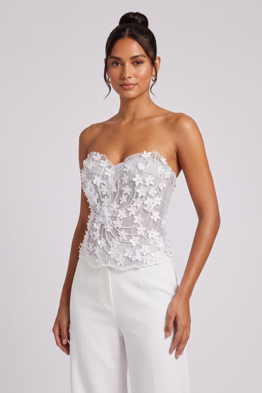 Light Grey Mesh Structured Corset Top with Floral Appliqué light grey mesh corset top - product view 1