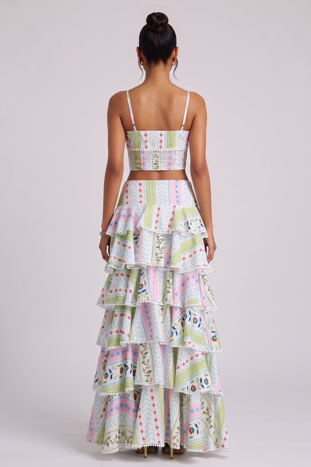 Two-Piece Set with Tiered Maxi Skirt and Pom-Pom Trim Premium Fabric - product view 3