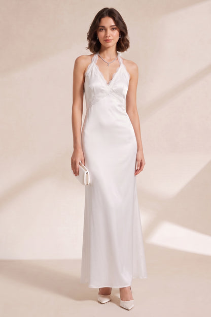 White Halter Maxi Dress with Lace Trim Premium Fabric - product view 3
