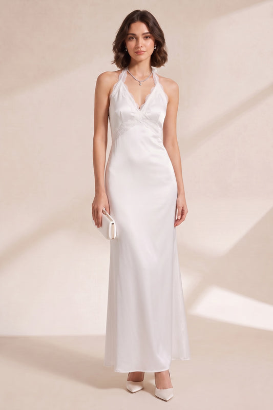 White Halter Maxi Dress with Lace Trim Premium Fabric - product view 3