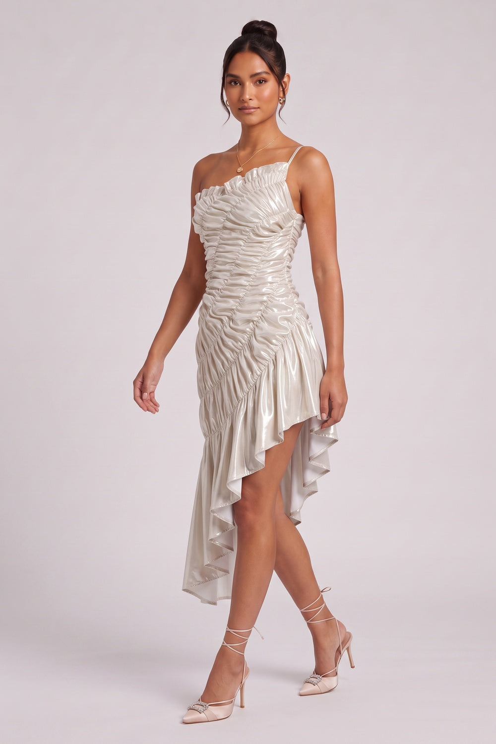 Champagne Gold Metallic Ruched Asymmetrical Dress champagne gold, pale silver metallic synthetic blend dress - product view 2