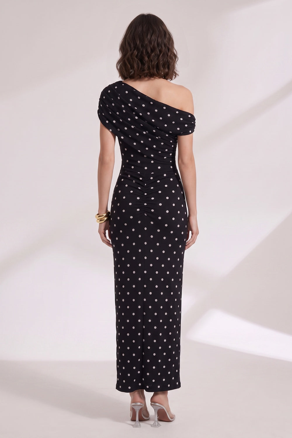 Black Polka Dot One-Shoulder Maxi Dress black stretch jersey dress - product view 5