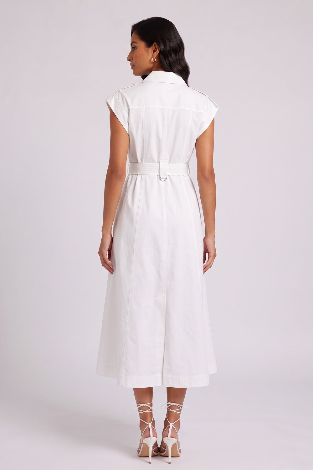 White Cap Sleeve Belted Cargo Pocket Front Split Midi Shirt Dress