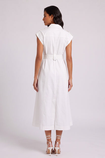 White Cap Sleeve Belted Cargo Pocket Front Split Midi Shirt Dress
