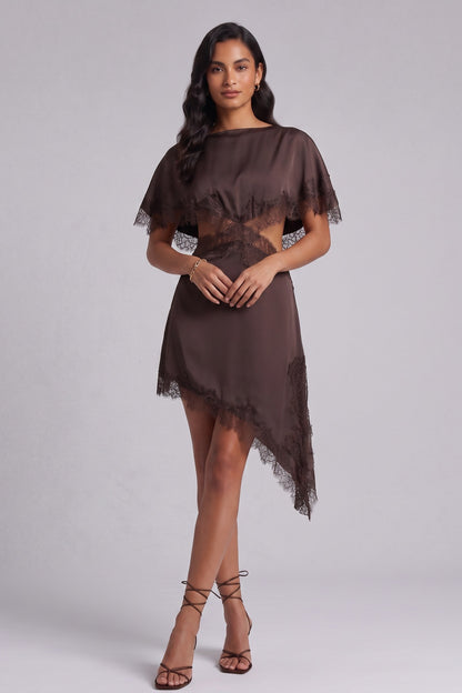 Chocolate Brown Satin Asymmetrical A-Line Dress with Capelet Overlay chocolate brown satin dress - product view 3