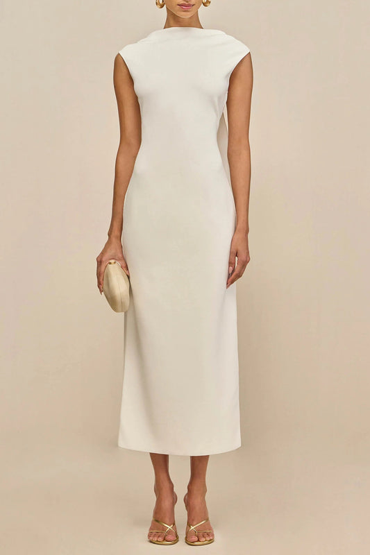 white sleeveless backless knit midi dress with two pleated golden embellishments