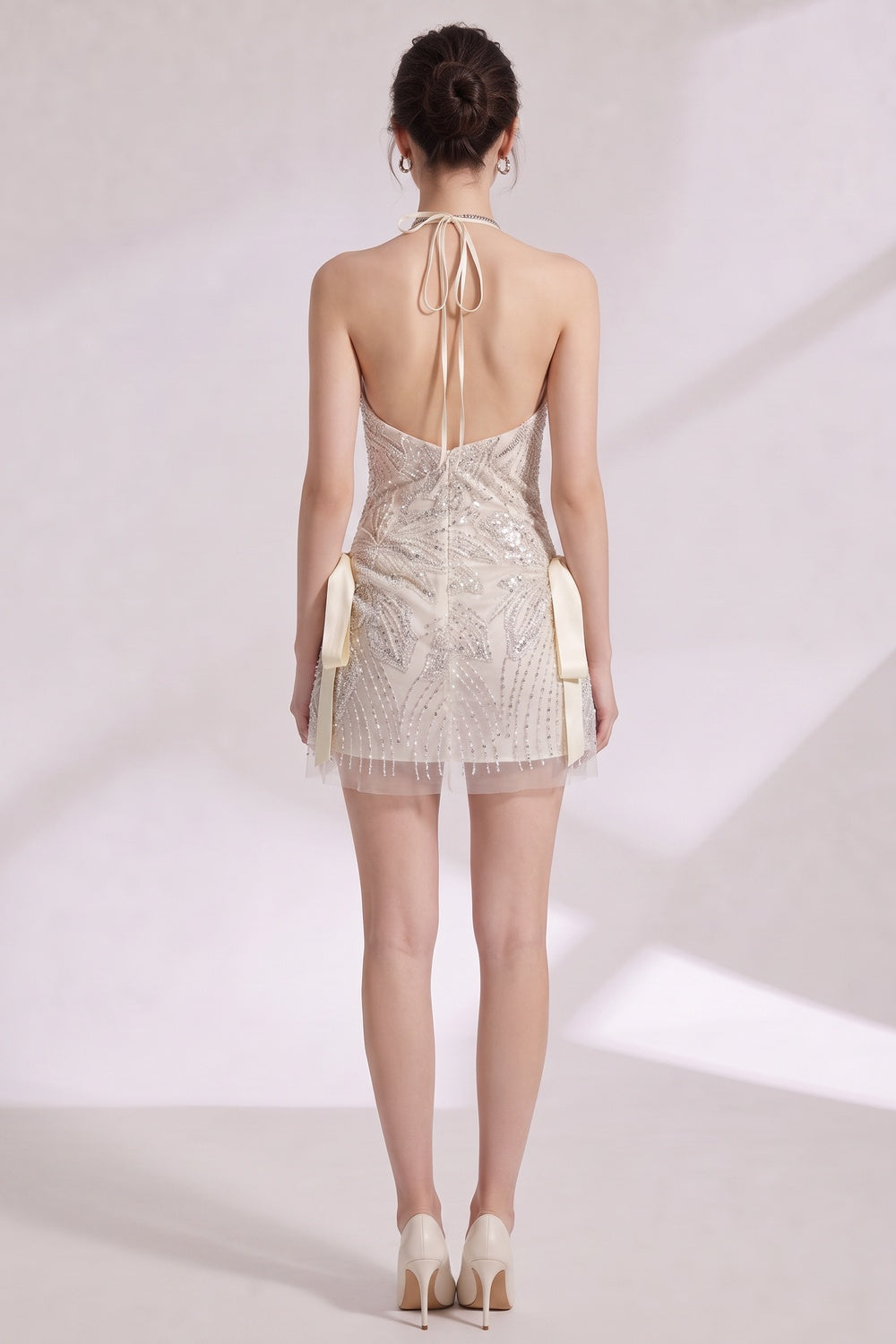 Ivory Sheer Mesh Beaded A-Line Mini Dress ivory, cream sheer mesh dress - product view 5