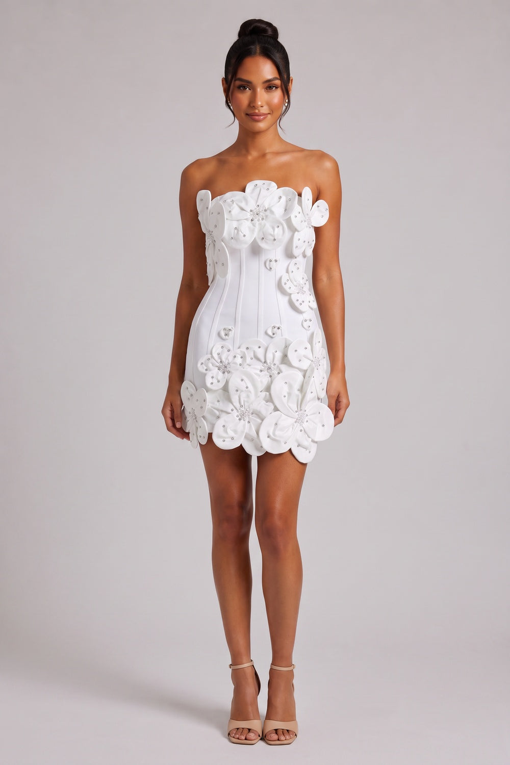 White Structured Crepe 3D Floral Bodycon Mini Dress white structured crepe dress - product view 1