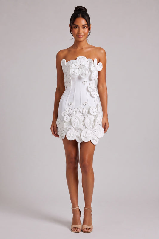 White Structured Crepe 3D Floral Bodycon Mini Dress white structured crepe dress - product view 1