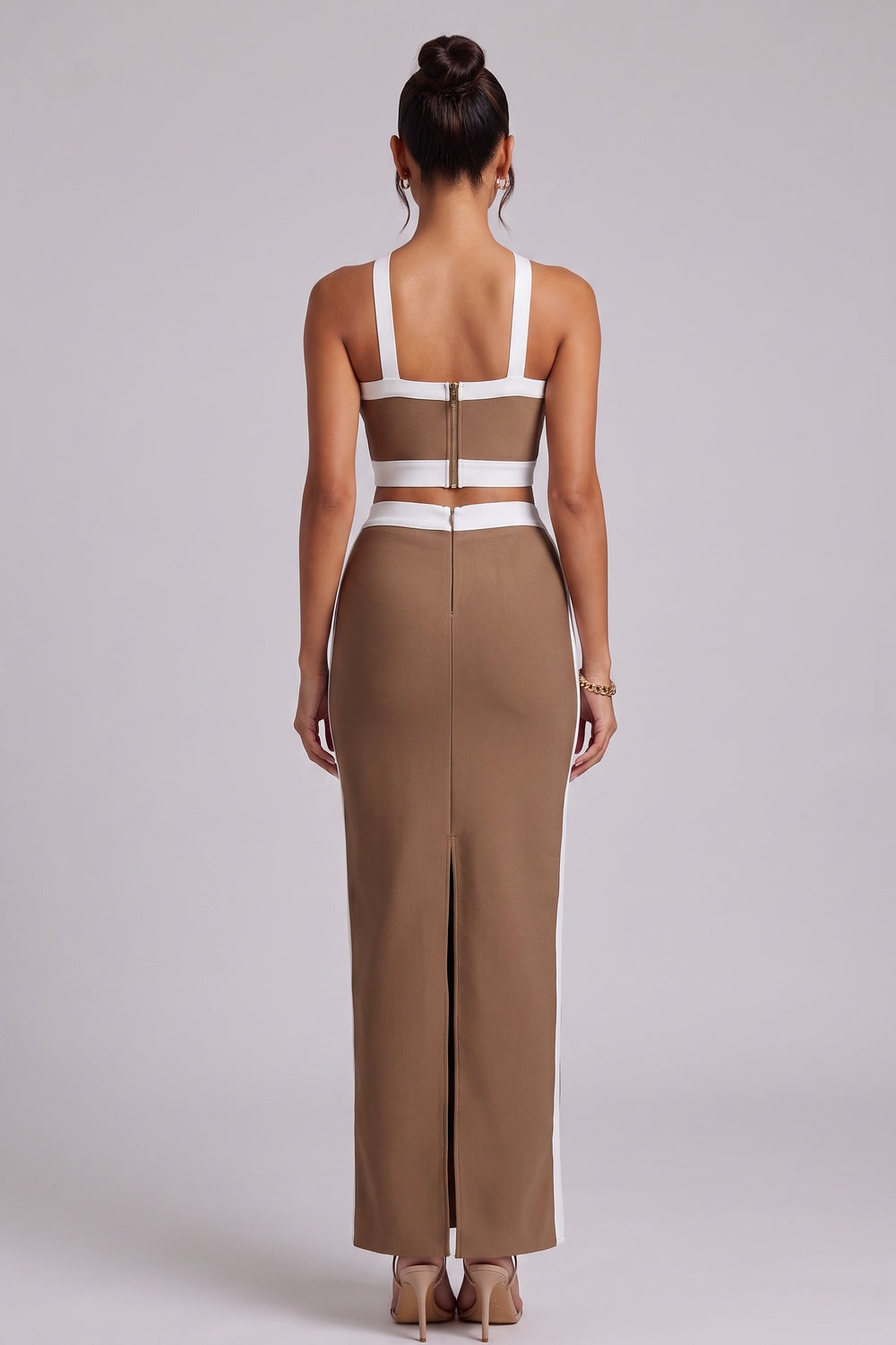 Brown Structured Knit Two-Piece Set with Criss-Cross Halter Crop Top and Maxi Skirt brown structured knit two-piece set (crop top and maxi skirt) - product view 5
