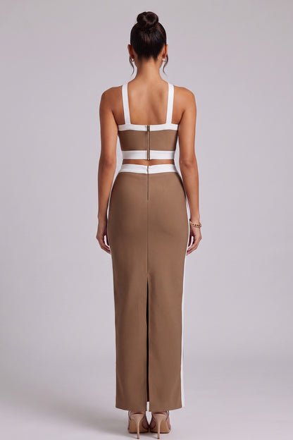 Brown Structured Knit Two-Piece Set with Criss-Cross Halter Crop Top and Maxi Skirt brown structured knit two-piece set (crop top and maxi skirt) - product view 5