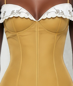 Mustard Yellow Sheer Chiffon Fit-and-Flare Midi Dress with White Scalloped Collar