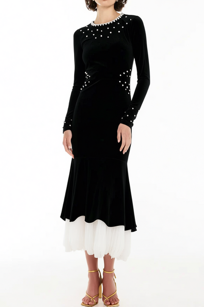 zona black Beaded irregular hem velvet fishtail maxi dress