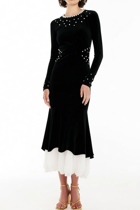 zona black Beaded irregular hem velvet fishtail maxi dress