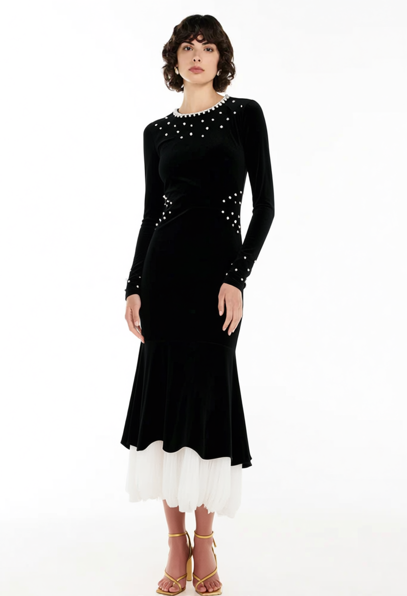 zona black Beaded irregular hem velvet fishtail maxi dress
