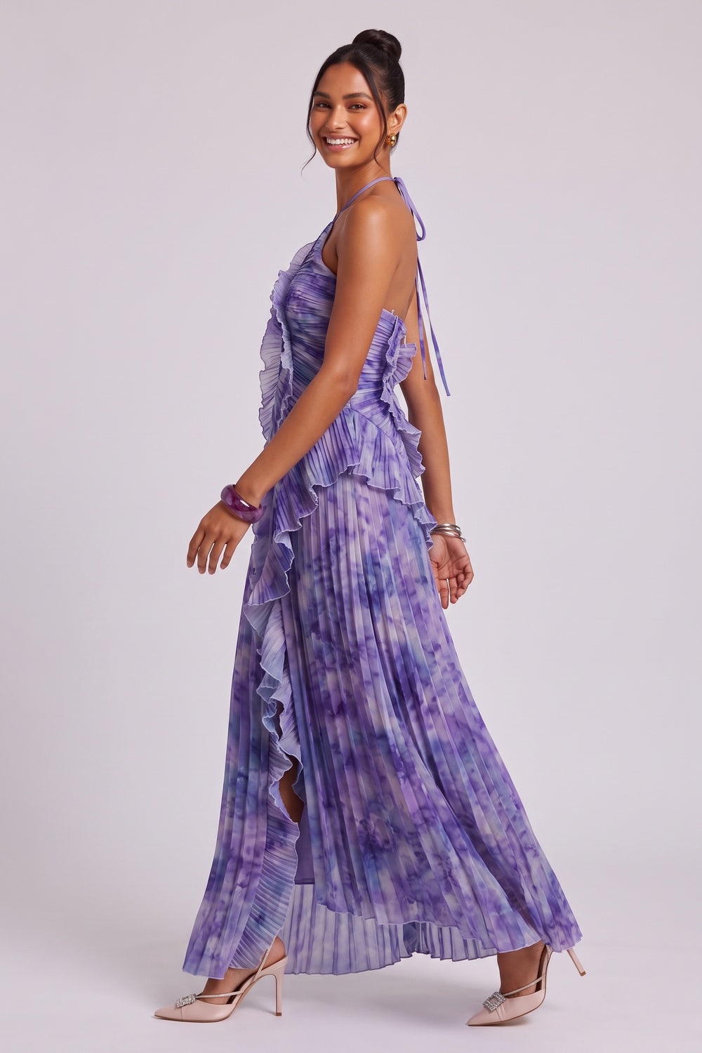 Purple Tie-Dye Pleated Chiffon A-Line Maxi Dress purple, violet pleated chiffon maxi dress - product view 3