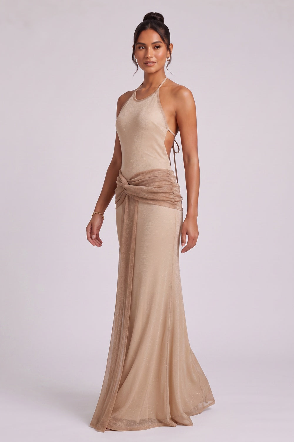 Beige Fine Stretch Knit Column Evening Gown beige, champagne fine stretch knit evening gown - product view 3