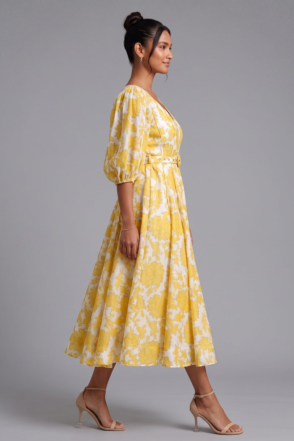 Yellow Floral Midi Dress with Belt Premium Fabric - product view 3