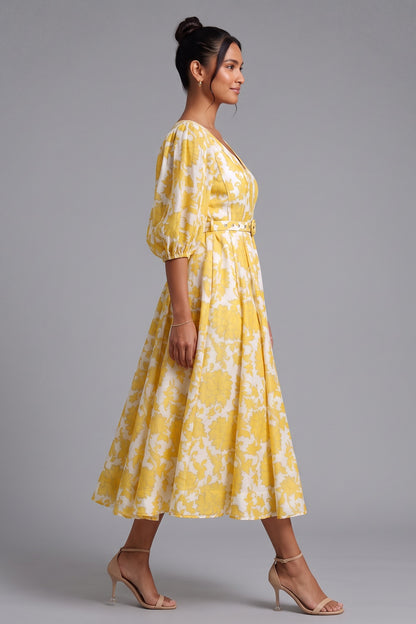 Yellow Floral Midi Dress with Belt Premium Fabric - product view 3