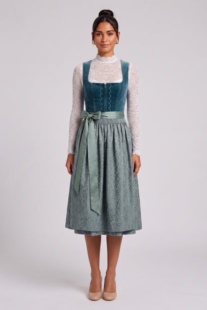 Teal Velvet bodice A-line skirt with fitted bodice Three-piece traditional dirndl ensemble Teal, Slate blue, White Velvet bodice, jacquard skirt, lace blouse, satin apron Three-piece traditional dirndl ensemble - product view 1