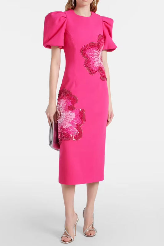 sequin flower Embellished puff sleeve Midi Dress in Pink