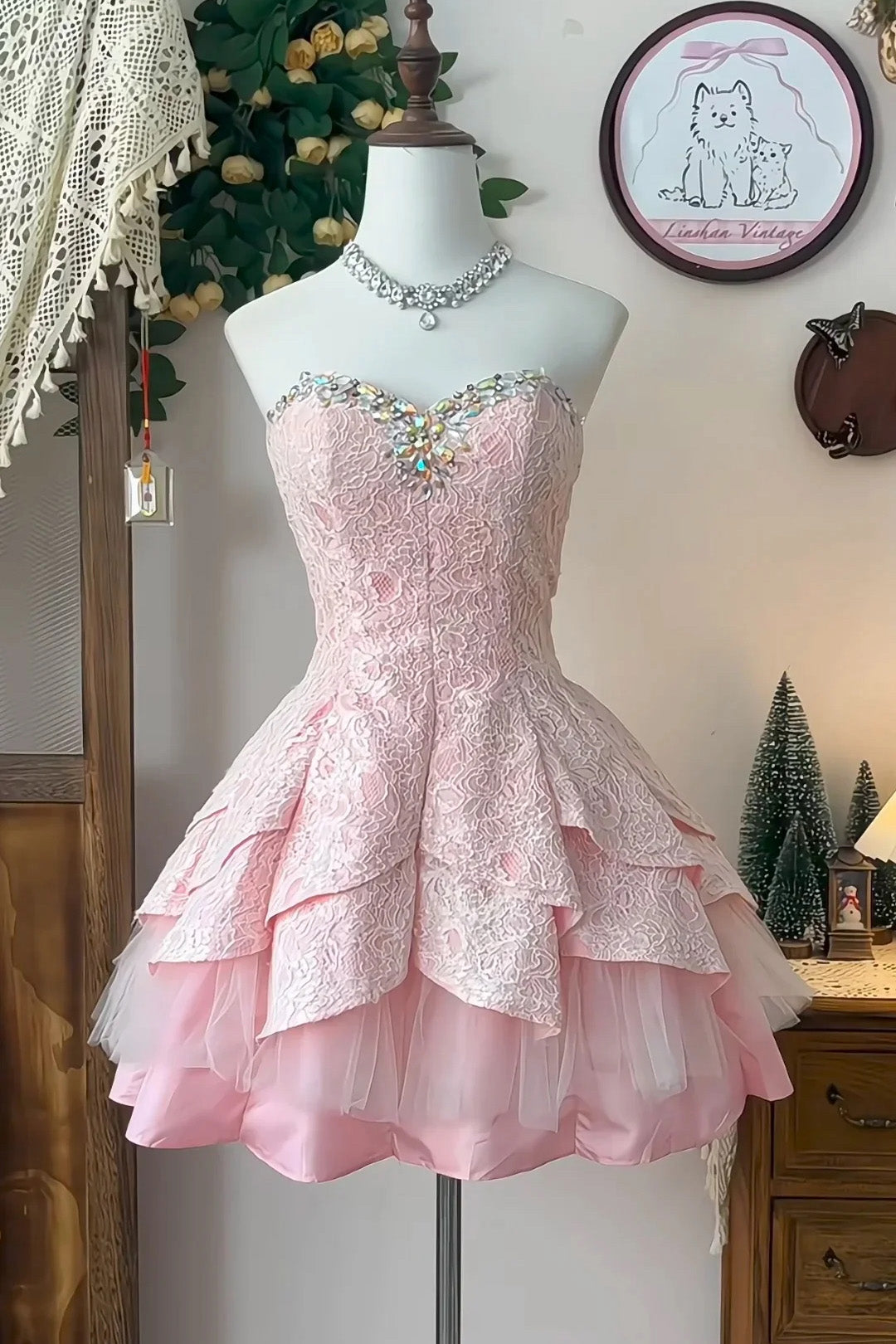 Pink Strapless Mini Tiered Dress