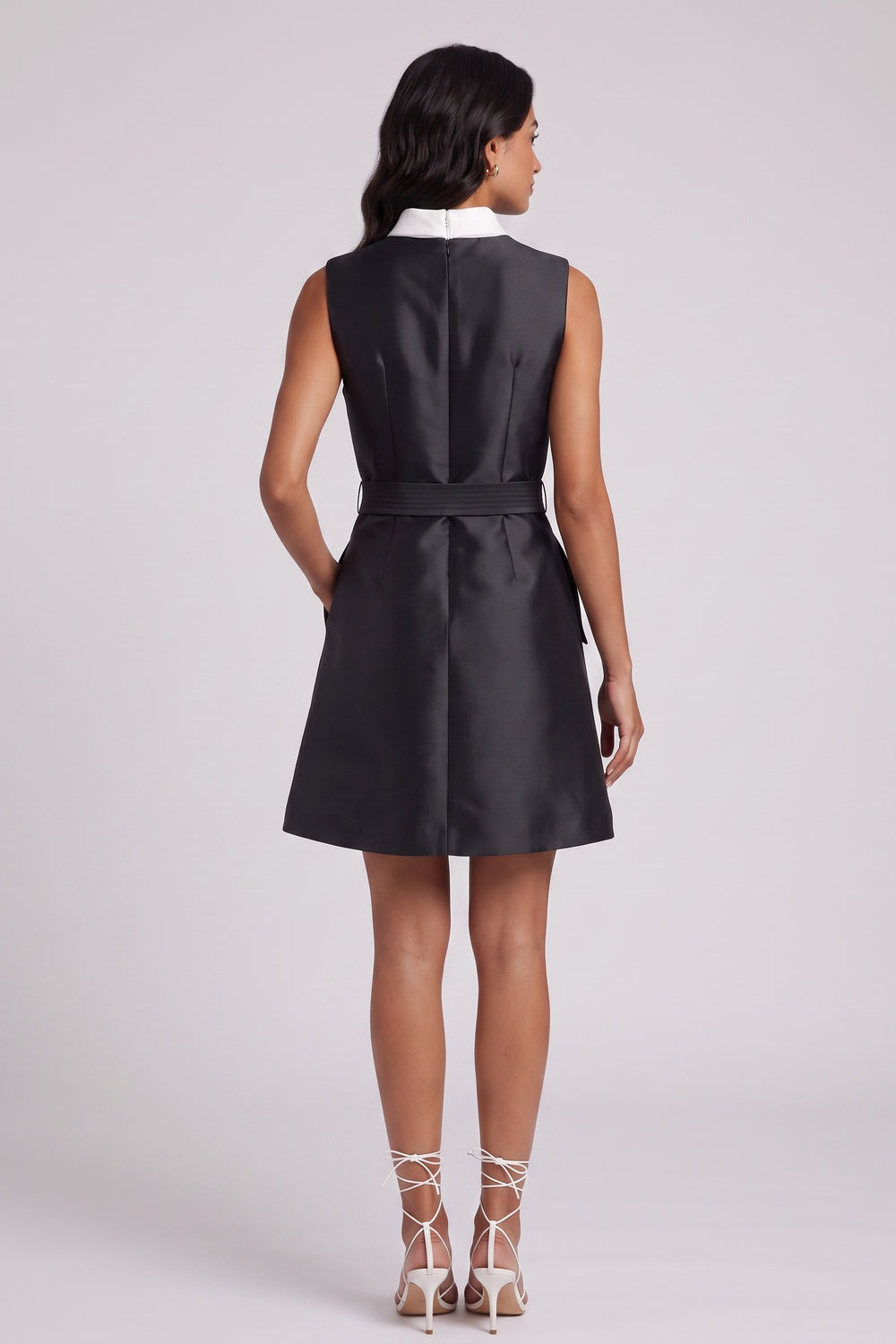 Black Structured Satin A-Line Mini Dress with Contrast Collar black structured satin or mikado silk dress - product view 5