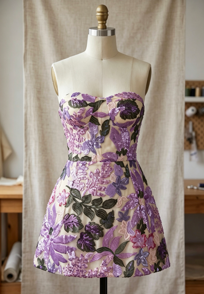 Purple Embroidered Mesh Overlay A-Line Mini Dress