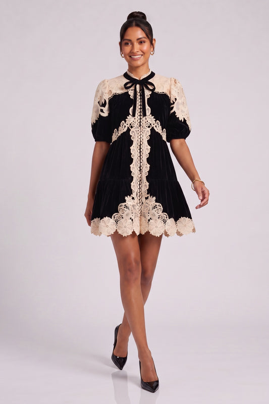 Black Velvet A-Line Babydoll Dress with Cream Lace Overlay black velvet dress - product view 2