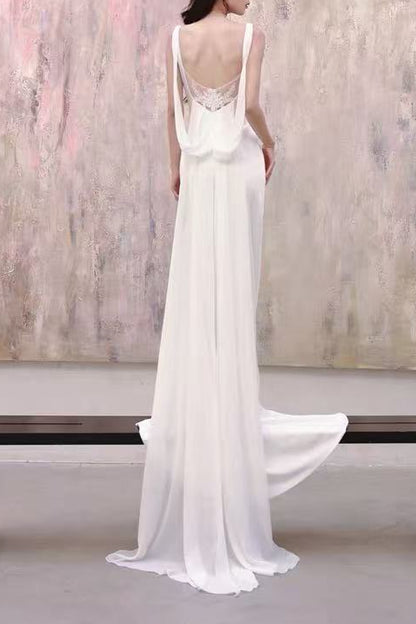 White Sleeveless Square Neck Mermaid Wedding Dress with Train
