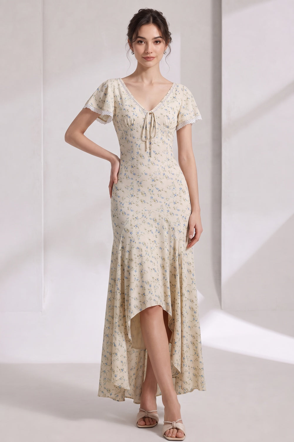 Cream Ditsy Floral Maxi Dress with Fitted Bodice and Flared Paneled Skirt cream, pale yellow lightweight woven fabric, likely rayon or cotton blend dress - product view 1