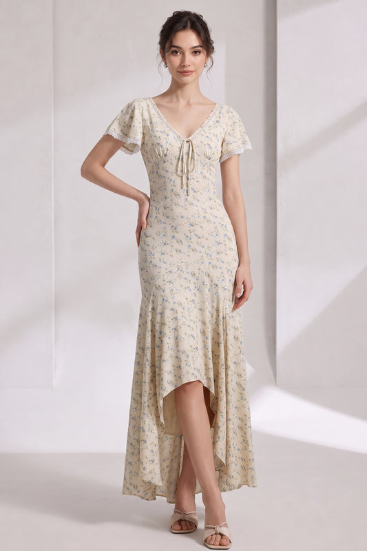 Cream Ditsy Floral Maxi Dress with Fitted Bodice and Flared Paneled Skirt cream, pale yellow lightweight woven fabric, likely rayon or cotton blend dress - product view 1