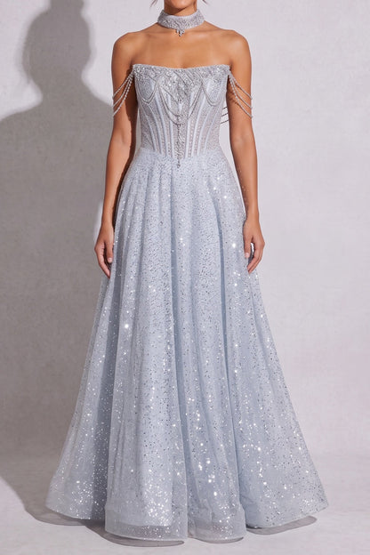Ice blue Glitter-dusted tulle A-line Gown Ice blue, Silver Glitter-dusted tulle Gown - product view 4