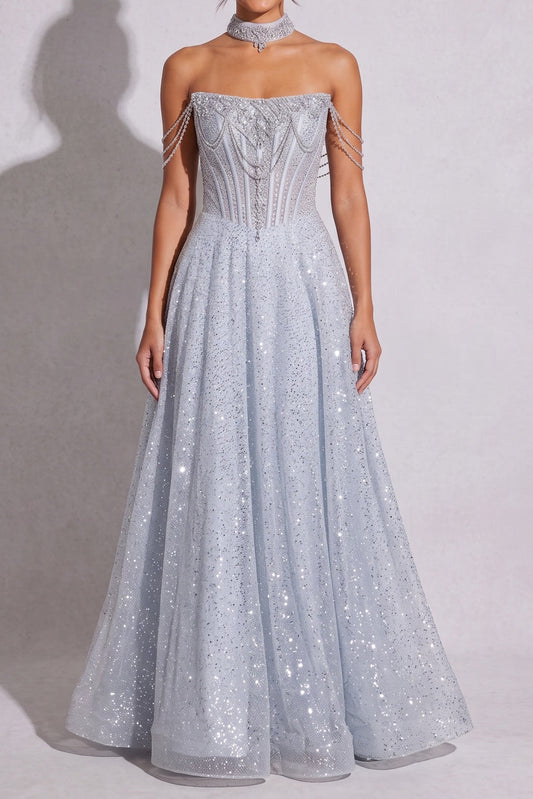 Ice blue Glitter-dusted tulle A-line Gown Ice blue, Silver Glitter-dusted tulle Gown - product view 4