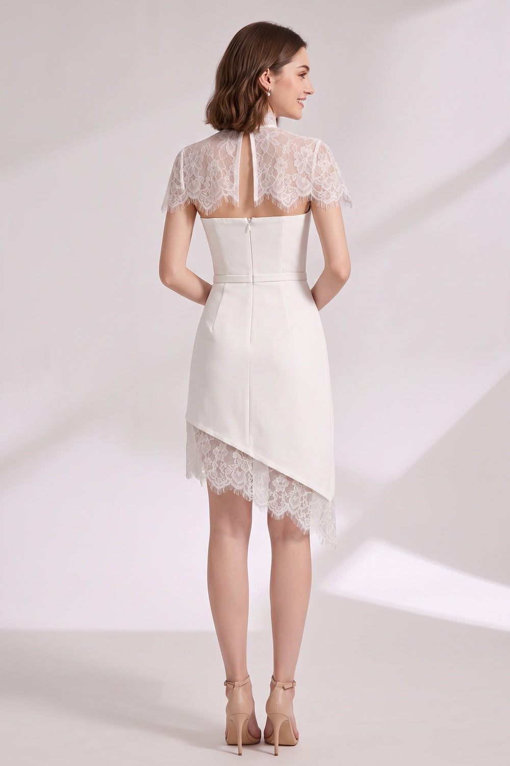 White Structured Crepe Fitted Sheath Dress with Lace Overlay white structured crepe dress - product view 5