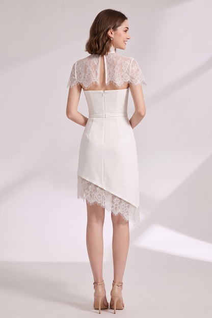 White Structured Crepe Fitted Sheath Dress with Lace Overlay white structured crepe dress - product view 5