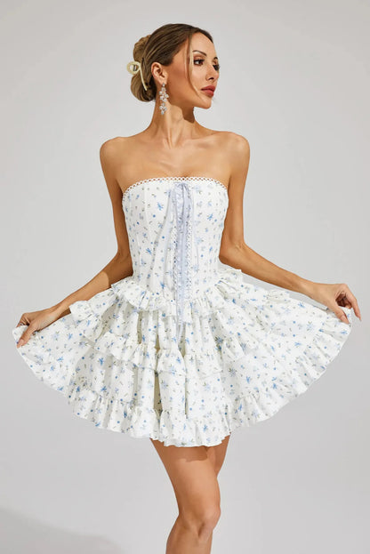 martha Ruffle printed strapless Mini Dress in blue