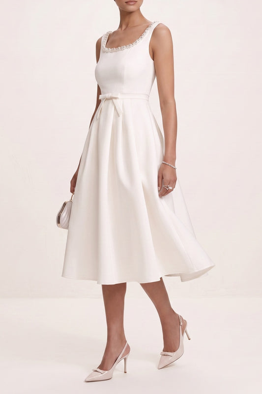Crystal Trim Square Neck Sleeveless Bow Waist A-Line Midi Dress