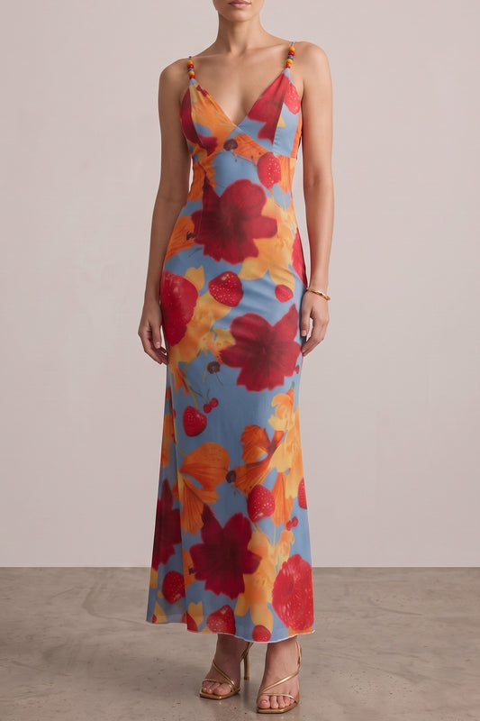 Beaded Strap Tropical Floral Mermaid Maxi Dress
