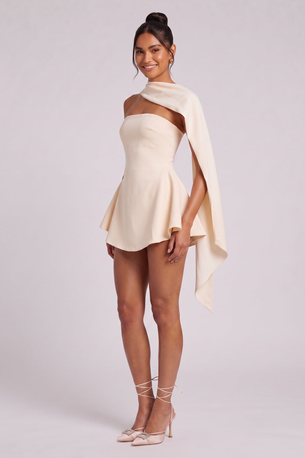 Cream Structured Crepe Fit-and-Flare Mini Dress cream structured crepe mini dress - product view 3