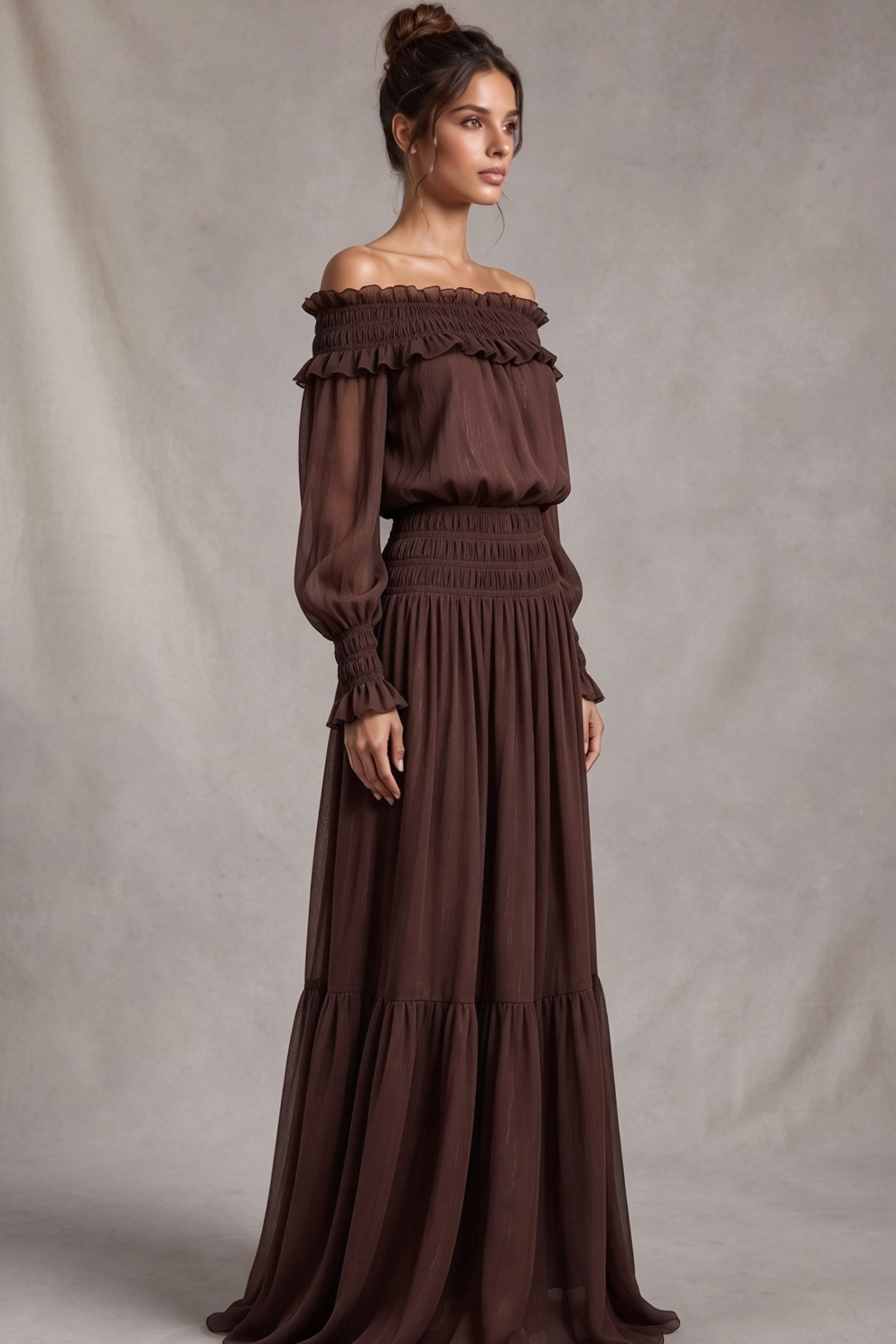 Chocolate Brown Textured Chiffon Blouson Maxi Dress with Tiered Skirt