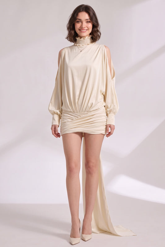 cream satin blouson top with fitted ruched skirt and open cowl back dress cream satin dress - product view 4