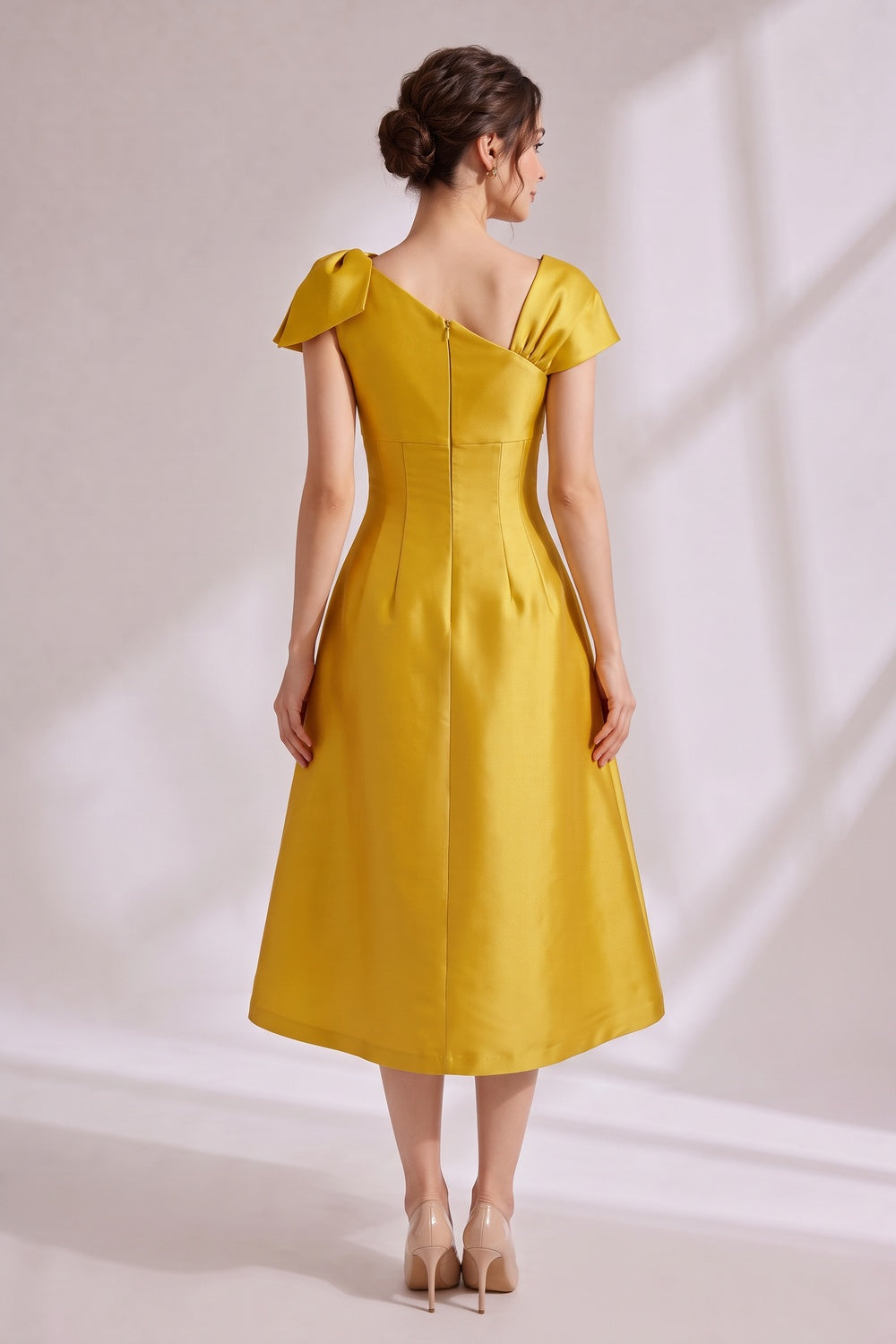 Yellow Asymmetrical Bow Satin Midi Party Dress